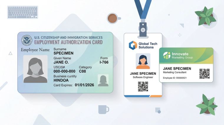 USCIS Employment Authorization Card next to two company ID badges, illustrating that J-2 visa holders can work for multiple employers on a single EAD