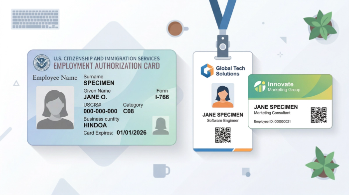 USCIS Employment Authorization Card next to two company ID badges, illustrating that J-2 visa holders can work for multiple employers on a single EAD
