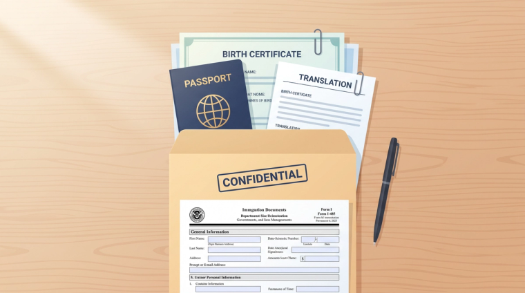 I-485 Supporting Documents in a Confidential Folder | Immiva Manila folder labeled confidential holding a passport, birth certificate, certified translation, and a USCIS form on a desk