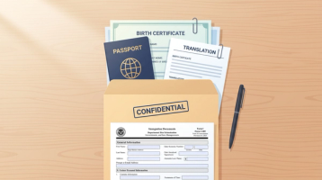 I-485 Supporting Documents in a Confidential Folder | Immiva Manila folder labeled confidential holding a passport, birth certificate, certified translation, and a USCIS form on a desk