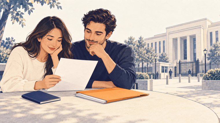 Preparing for the K-1 interview after petition approval | Immiva I-129F approved: couple reviewing a letter beside a passport and folder, with a consulate in the background