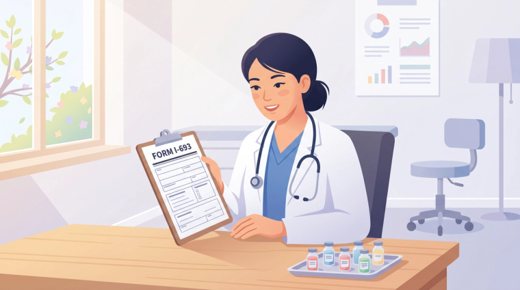 I-485 medical exam with a civil surgeon for Form I-693 | Immiva Civil surgeon completing the I-485 medical exam paperwork for Form I-693 during a green card filing