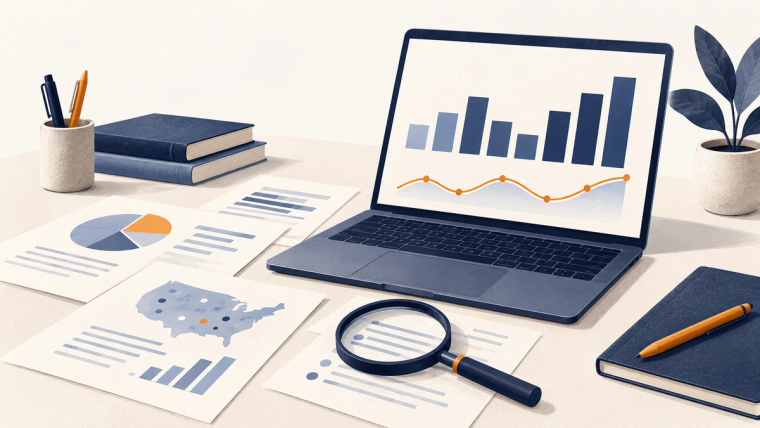 USCIS Data Hub Research Desk with Charts | Immiva USCIS data hub illustration: a navy laptop with illustrative charts, research sheets and a magnifying glass on a cream desk