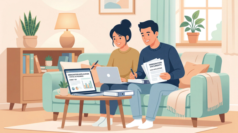 Couple Reviewing I-140 and H-4 EAD Paperwork Together | Immiva Professional couple sitting on a couch reviewing H-4 EAD immigration paperwork and I-140 petition documents on a laptop and printed forms