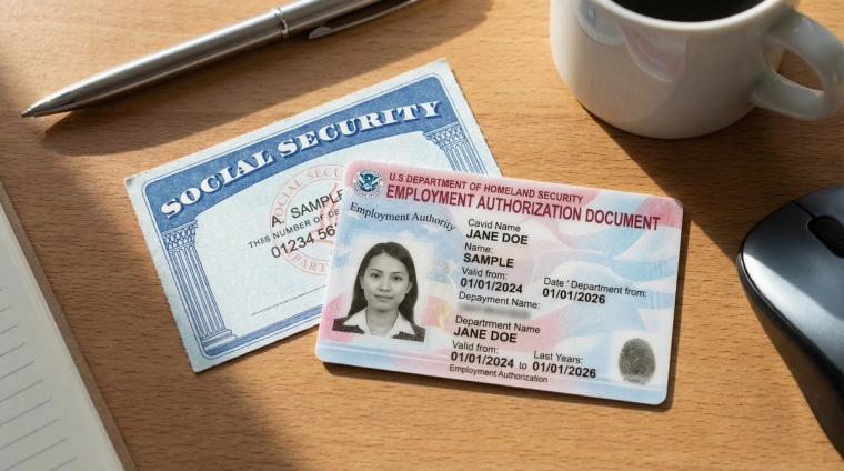 J-2 EAD and Social Security Card Documents | Immiva J-2 EAD work permit card alongside a Social Security card on a desk