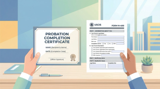 Probation Completion Certificate Next to Form N-400 Application | Immiva Hands holding a probation completion certificate next to the USCIS Form N-400 application for naturalization on a desk, illustrating N-400 filing while on probation