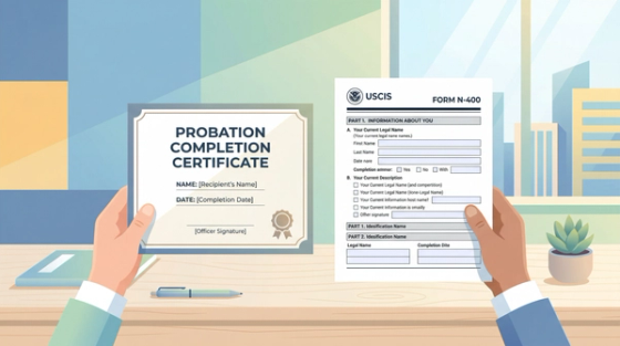 Hands holding a probation completion certificate next to the USCIS Form N-400 application for naturalization on a desk, illustrating N-400 filing while on probation