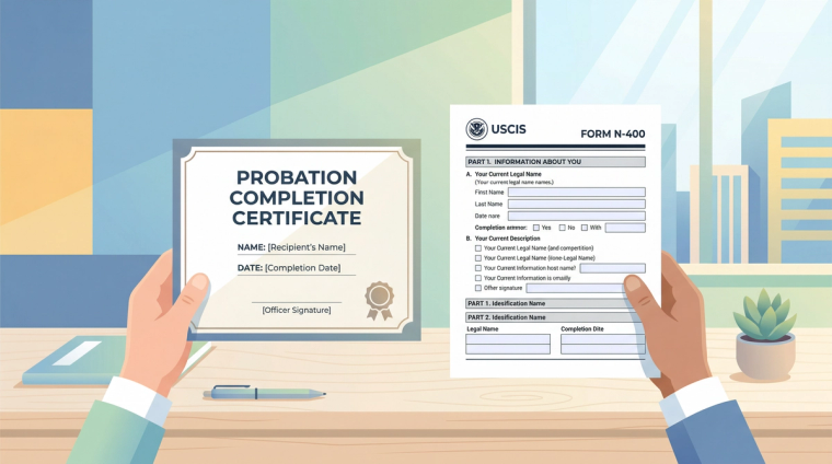 Probation Completion Certificate Next to Form N-400 Application | Immiva Hands holding a probation completion certificate next to the USCIS Form N-400 application for naturalization on a desk, illustrating N-400 filing while on probation
