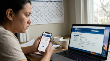 Checking H-4 EAD Case Status on USCIS Online Portal | Immiva Woman checking USCIS case status online on her smartphone and laptop with a wall calendar in the background, illustrating H-4 EAD 2026 processing time tracking