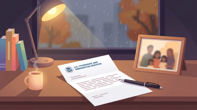 I-130 Petitioner Dies What Happens Next | Immiva Desk with a USCIS envelope, pen, and family photograph representing the I-130 process after a petitioner's death