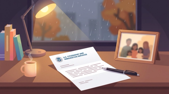 Desk with a USCIS envelope, pen, and family photograph representing the I-130 process after a petitioner's death
