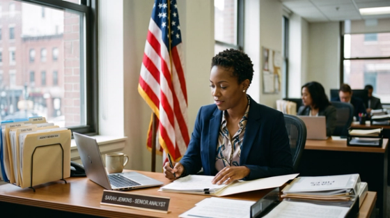 USCIS officer reviewing naturalization case files beside an American flag while assessing good moral character for an N-400 applicant