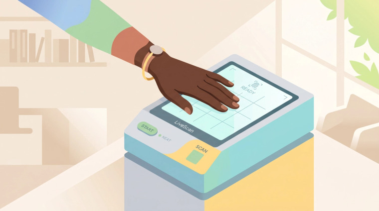I-130 Biometrics Appointment LiveScan Fingerprint Capture | Immiva Hand placed on a LiveScan digital fingerprint scanner representing what happens at an I-130 biometrics appointment