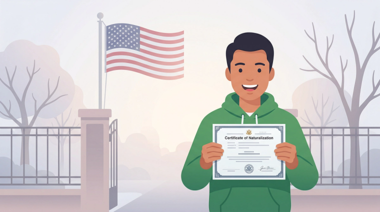 New US Citizen Holding Certificate of Naturalization After Oath | Immiva Smiling new citizen holding a Certificate of Naturalization in front of an American flag after completing the oath ceremony, illustrating post-oath next steps