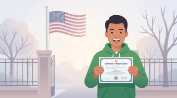 New US Citizen Holding Certificate of Naturalization After Oath | Immiva Smiling new citizen holding a Certificate of Naturalization in front of an American flag after completing the oath ceremony, illustrating post-oath next steps