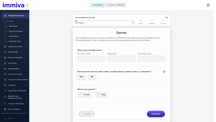 Immiva I-485 Form Interface, Plain-English Adjustment of Status | Immiva Immiva's plain-English I-485 form interface showing the Names step with full legal name fields and a progress tracker for review, payment, and download