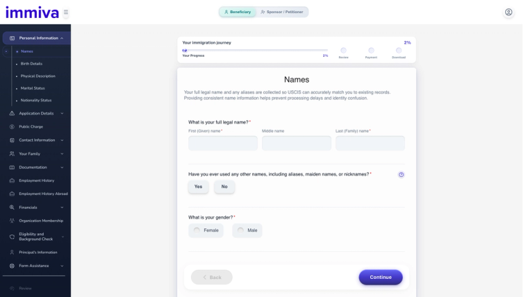 Immiva's plain-English I-485 form interface showing the Names step with full legal name fields and a progress tracker for review, payment, and download