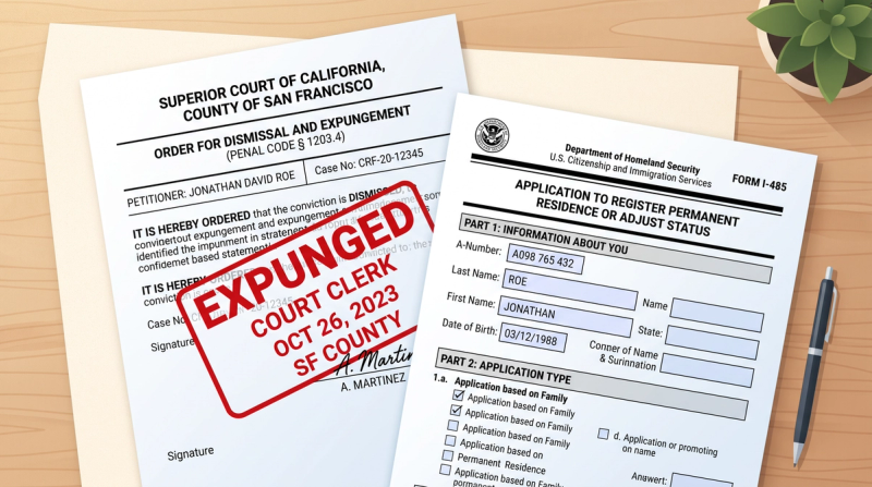 State expungement order stamped and set against Form I-485, illustrating why a record cleared under state law is still a conviction for immigration purposes