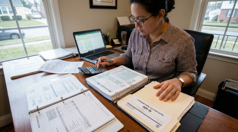 Person Reviewing Financial Documents for N-400 Fee Waiver | Immiva Person reviewing financial documents and tax forms for citizenship fee waiver