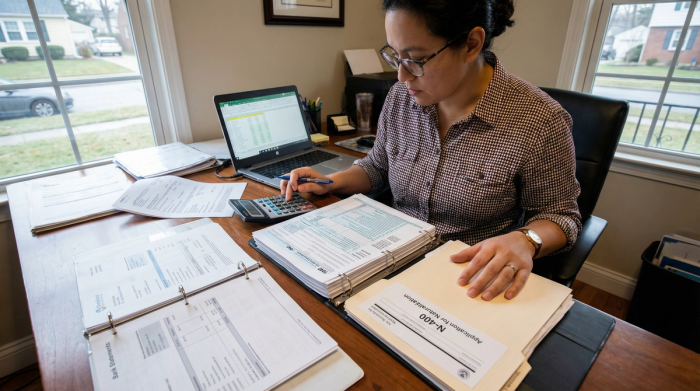 Person Reviewing Financial Documents for N-400 Fee Waiver | Immiva Person reviewing financial documents and tax forms for citizenship fee waiver
