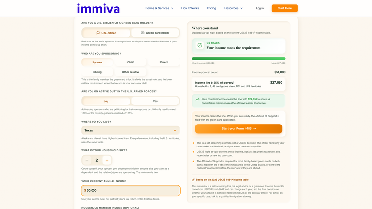 Green Card Sponsor Income Calculator Qualifying Result | Immiva Immiva Green Card Sponsor Income Calculator result showing a $50,000 income clearing the $27,050 Affidavit of Support line for a household of two