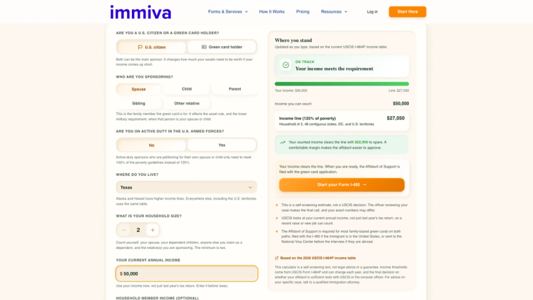 Immiva Green Card Sponsor Income Calculator result showing a $50,000 income clearing the $27,050 Affidavit of Support line for a household of two