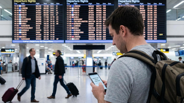 Airport Departure Board for Travel While N-400 Pending | Immiva Airport departure board showing international destinations and flight times