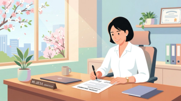 Signing Official Name Change Document During N-400 Naturalization | Immiva East Asian woman signing an official name change document at her desk with a cherry blossom tree outside the window, illustrating N-400 legal name change