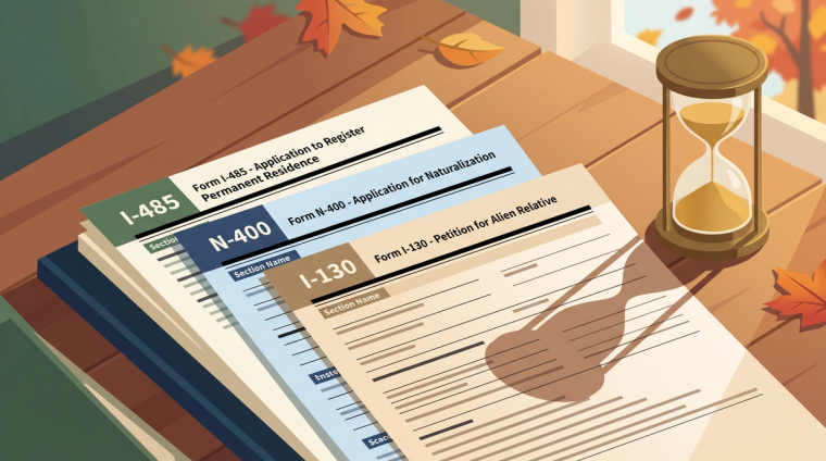 Pending USCIS Forms Enhanced Security Checks Hold | Immiva Stack of pending USCIS immigration forms (I-485, N-400, I-130) with an hourglass representing applications held under enhanced security checks effective April 2026
