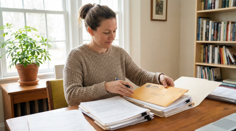 Person Organizing Documents to Respond to N-400 RFE | Immiva Person at a desk organizing immigration documents and papers in response to RFE