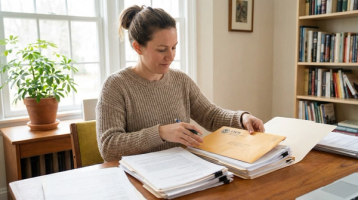 Person at a desk organizing immigration documents and papers in response to RFE