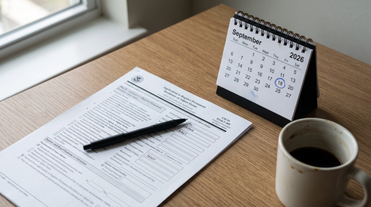 I-485 Public Charge Rule Changes 2026 | Immiva USCIS Form I-485 on a desk beside a September 2026 calendar with the 18th circled