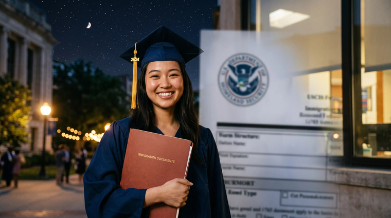 F-1 Graduate Adjusting Status to Green Card | Immiva Smiling international student in cap and gown holding a diploma in front of a USCIS form and seal