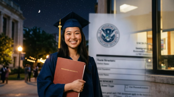 Smiling international student in cap and gown holding a diploma in front of a USCIS form and seal