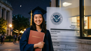 Smiling international student in cap and gown holding a diploma in front of a USCIS form and seal