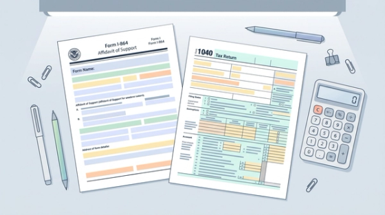 Form I-864 Affidavit of Support and Tax Return for I-485 | Immiva Form I-864 Affidavit of Support next to a 1040 federal tax return, with pens and a calculator on a desk