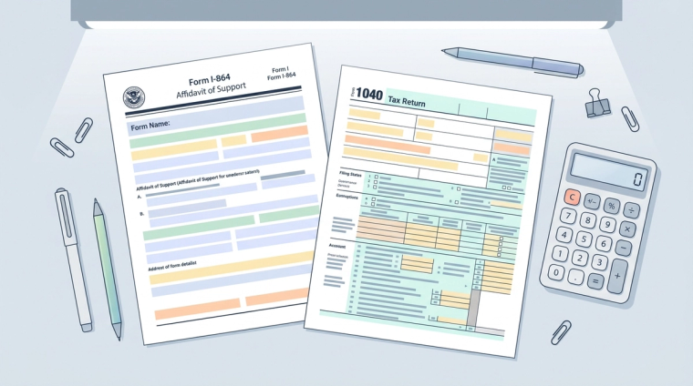 Form I-864 Affidavit of Support and Tax Return for I-485 | Immiva Form I-864 Affidavit of Support next to a 1040 federal tax return, with pens and a calculator on a desk