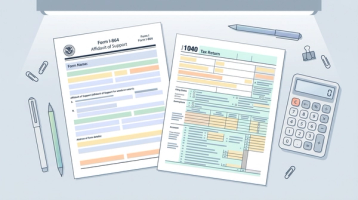 Form I-864 Affidavit of Support next to a 1040 federal tax return, with pens and a calculator on a desk