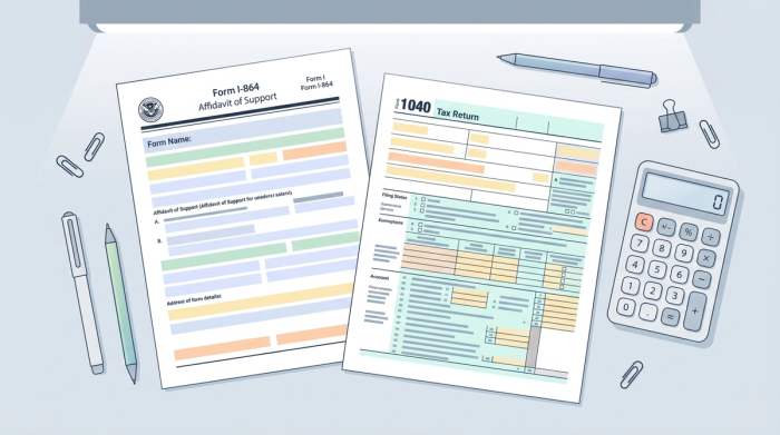 Form I-864 Affidavit of Support next to a 1040 federal tax return, with pens and a calculator on a desk