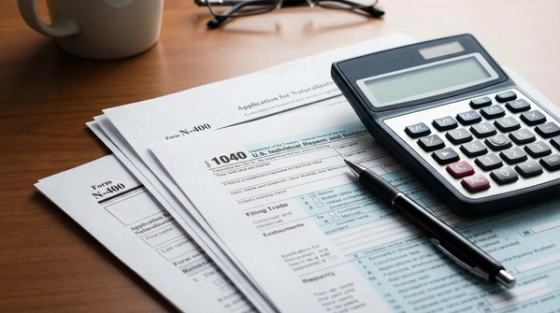 Closeup of IRS tax forms 1040 alongside U.S. citizenship application documents