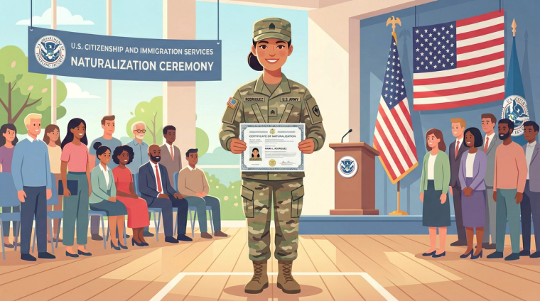 US Army Service Member Holding Certificate of Naturalization | Immiva Female Hispanic US Army soldier in uniform holding her Certificate of Naturalization at a USCIS military naturalization ceremony with American flags
