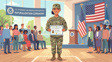 Female Hispanic US Army soldier in uniform holding her Certificate of Naturalization at a USCIS military naturalization ceremony with American flags