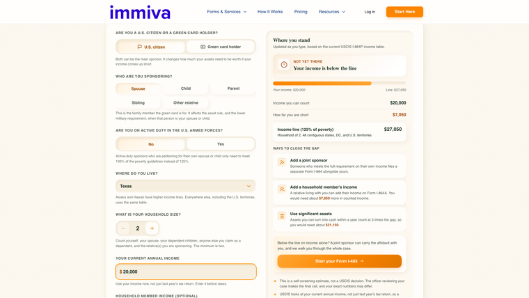 Green Card Sponsor Income Calculator Shortfall Result | Immiva Immiva Green Card Sponsor Income Calculator showing a $20,000 income falling $7,050 short of the $27,050 line, with three ways to close the gap