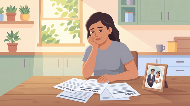 Widowed Latina Woman Reviewing I-751 Paperwork and Wedding Photo | Immiva Grieving middle-aged Latina woman with tired eyes looking at a wedding photo and I-751 immigration paperwork on a kitchen table, illustrating widow(er) petition to remove conditions