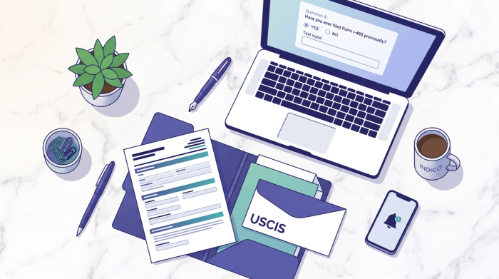 File Form I-485 Without a Lawyer | Immiva Form I-485 green card application packet beside a laptop showing Immiva's plain-English adjustment of status questions