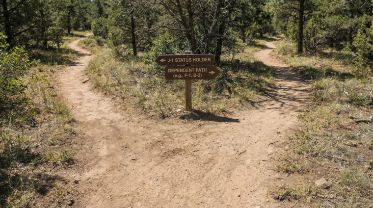 J-1 Status Holder and Dependent Path Fork Sign in Woods | Immiva Wooden trail sign in the woods pointing two directions labeled J-1 status holder path and dependent path, representing J-2 EAD transitions when J-1 changes status