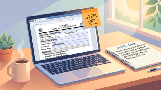 Laptop displaying Form I-983 training plan beside a notebook of SMART goals and a STEM OPT sticky note