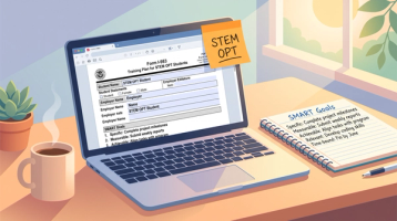 I-983 Training Plan Guide for STEM OPT | Immiva Laptop displaying Form I-983 training plan beside a notebook of SMART goals and a STEM OPT sticky note