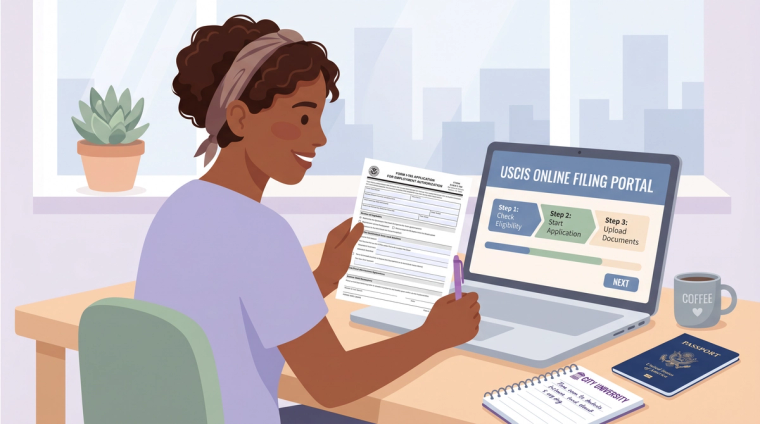 F-1 Student Filing OPT Application on USCIS Online Portal | Immiva F-1 student at a desk reviewing a form and filing on the USCIS online portal with a passport nearby