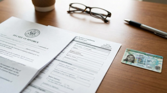 Form I-751 divorce waiver documents including green card and divorce decree